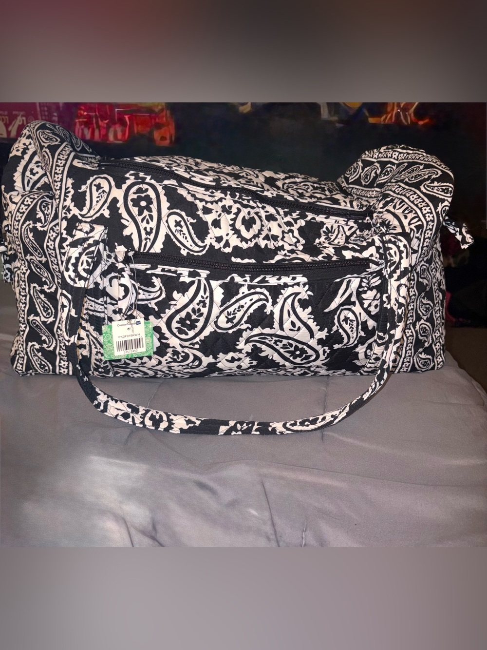 Black and white paisley quilted large duffel bag